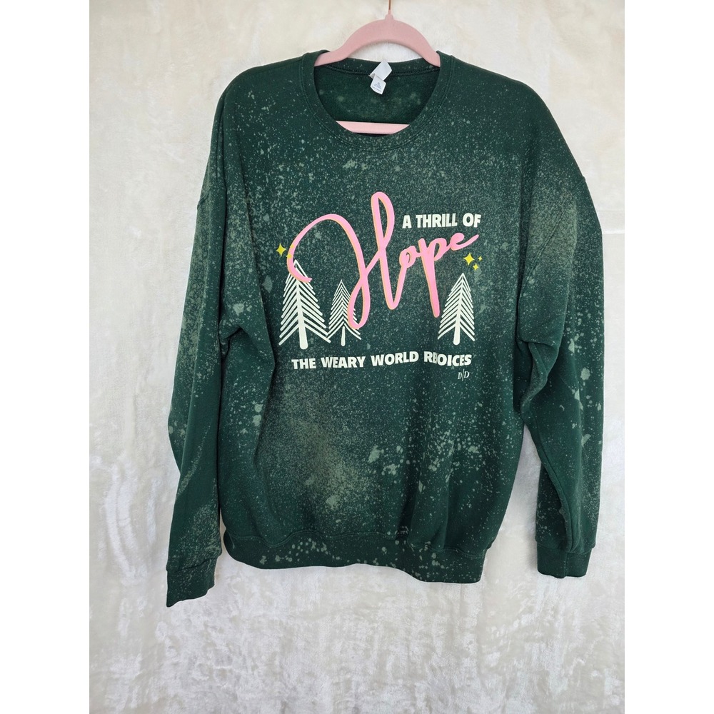Jerzees Green Bleached Christmas Sweatshirt XL A Thrill of Hope Weary World XL